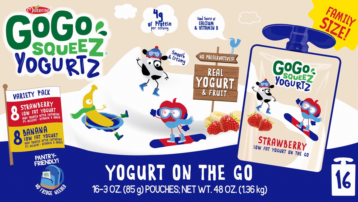 slide 3 of 7, GoGo squeeZ YogurtZ Variety Pack, Made with 100% Real Milk, 3 oz Pouches (16 Pack), 16 ct