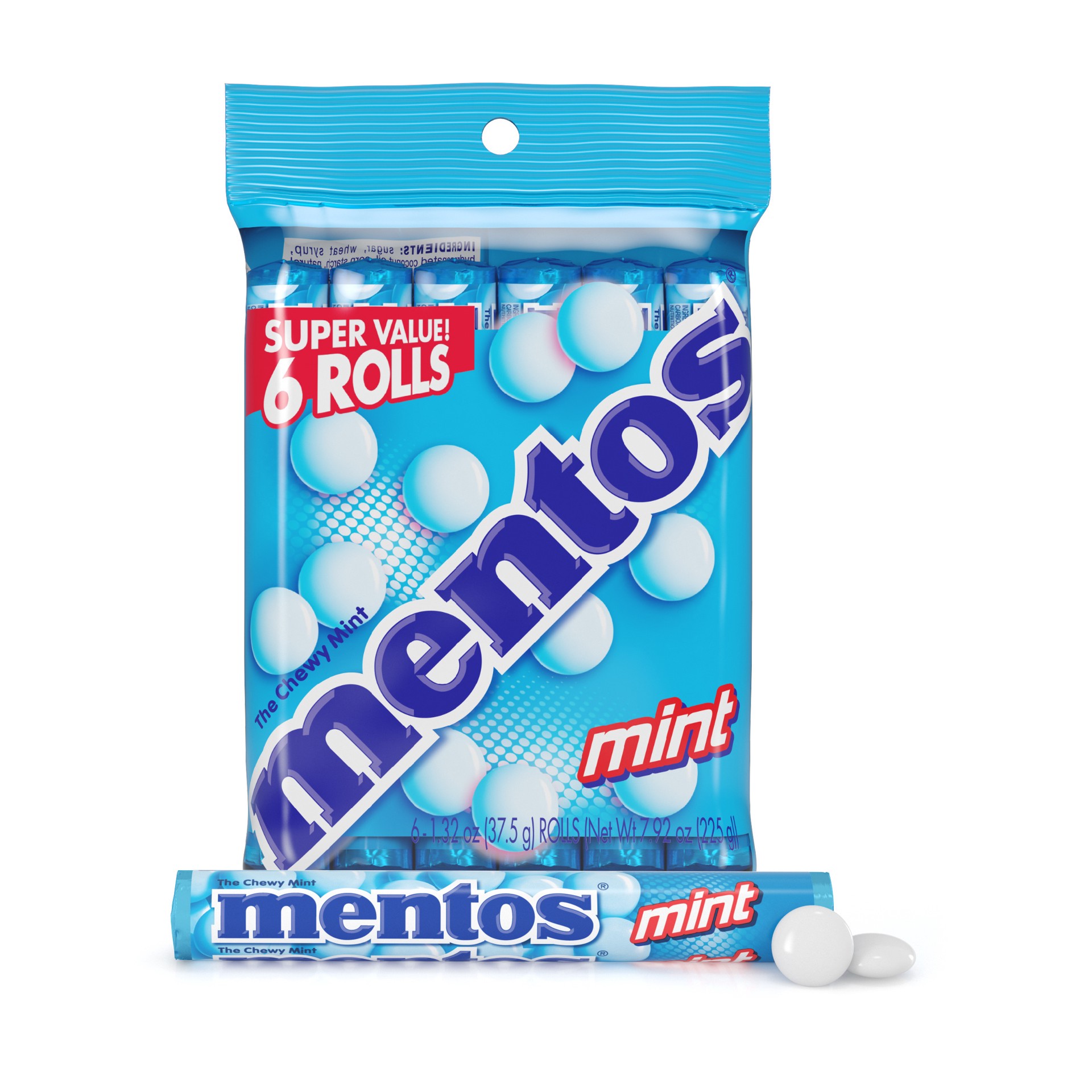 slide 1 of 3, Mentos Chewy Mint Flavored Candy Roll, 14 Piece Rolls, 6 Pack, 6 ct