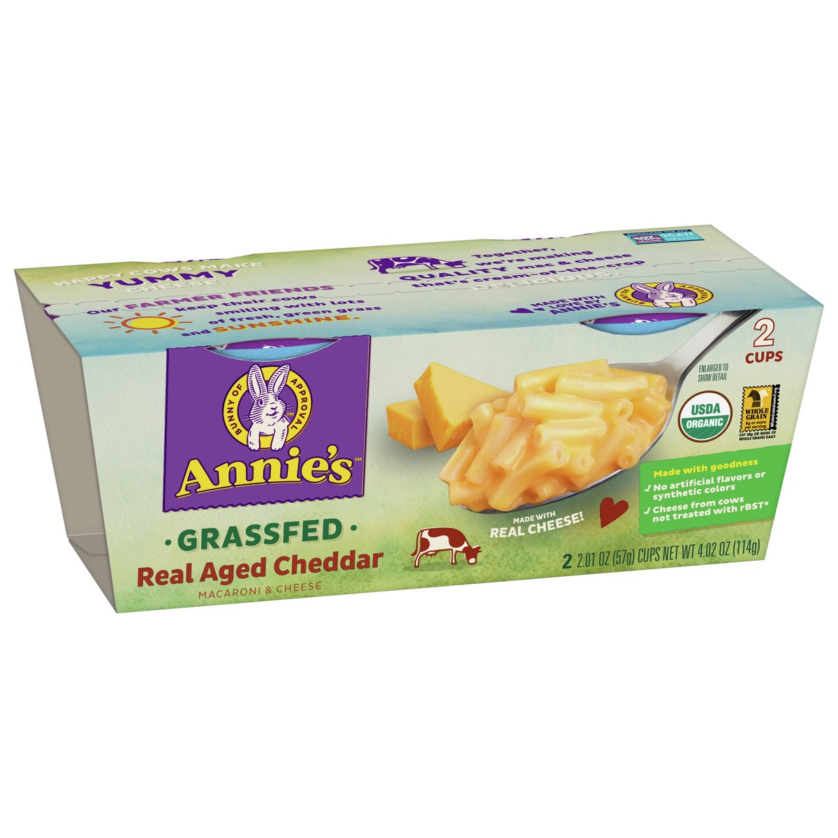 slide 2 of 9, Annie's Organic Grassfed Macaroni and Cheese, Real Aged Cheddar, Microwavable Dinner, 2 Cups, 4.02 oz., 2 ct