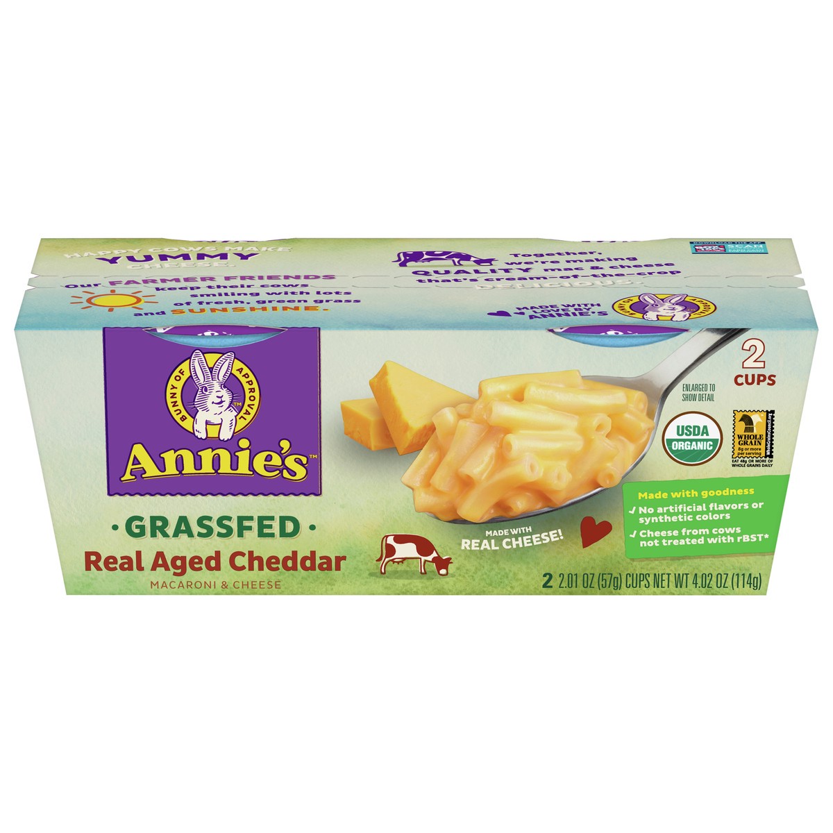 slide 1 of 9, Annie's Organic Grassfed Macaroni and Cheese, Real Aged Cheddar, Microwavable Dinner, 2 Cups, 4.02 oz., 2 ct