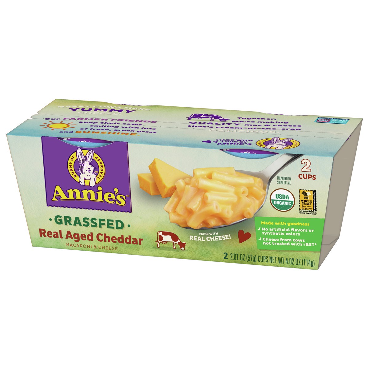 slide 3 of 9, Annie's Organic Grassfed Macaroni and Cheese, Real Aged Cheddar, Microwavable Dinner, 2 Cups, 4.02 oz., 2 ct