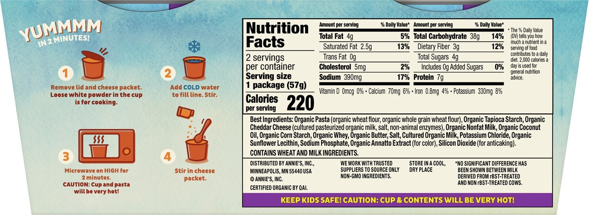 slide 5 of 9, Annie's Organic Grassfed Macaroni and Cheese, Real Aged Cheddar, Microwavable Dinner, 2 Cups, 4.02 oz., 2 ct