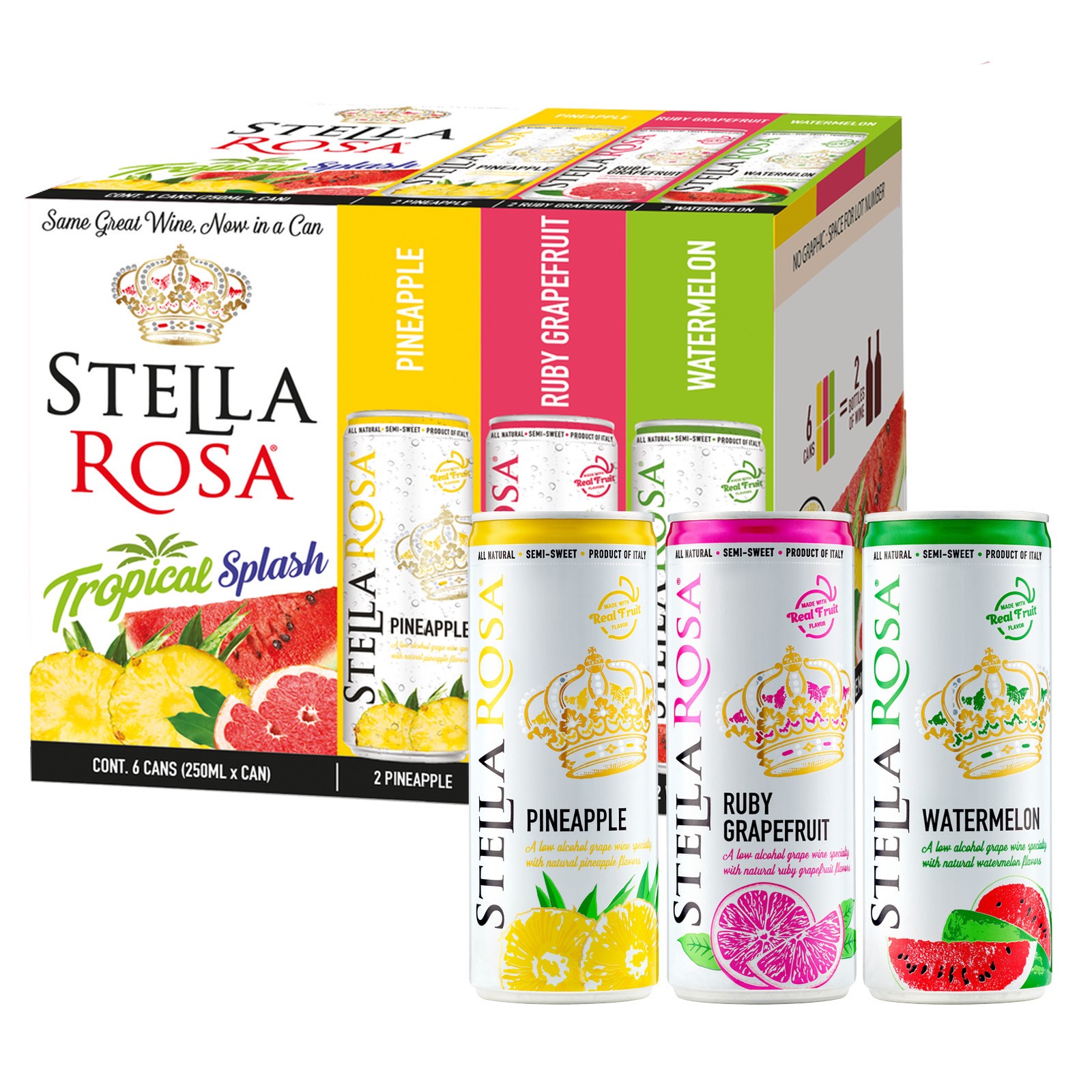 slide 7 of 9, Stella Rosa Tropical Splash Variety Pack: Watermelon, Pineapple, Grapefruit Semi-Sweet Italian Wine 6pk/250 ml, 6 ct; 250 ml