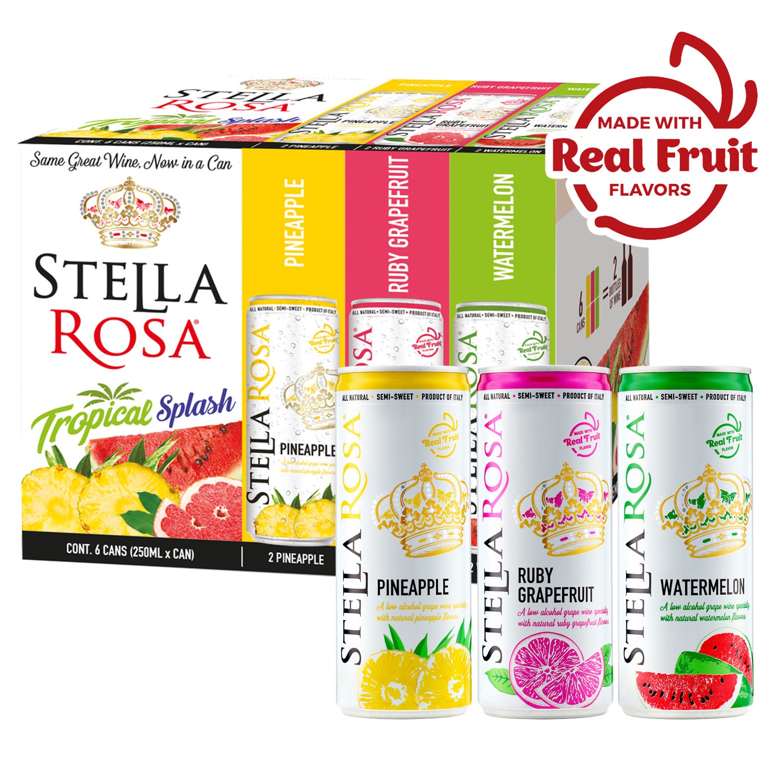 slide 6 of 9, Stella Rosa Tropical Splash Variety Pack: Watermelon, Pineapple, Grapefruit Semi-Sweet Italian Wine 6pk/250 ml, 6 ct; 250 ml
