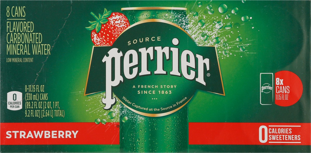 slide 2 of 9, Perrier Strawberry Flavored Sparkling Water, Sleek Cans - 89.2 oz, 8 ct