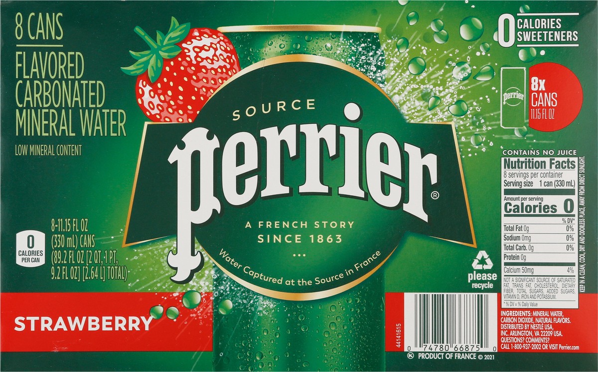 slide 8 of 9, Perrier Strawberry Flavored Sparkling Water, Sleek Cans - 89.2 oz, 8 ct