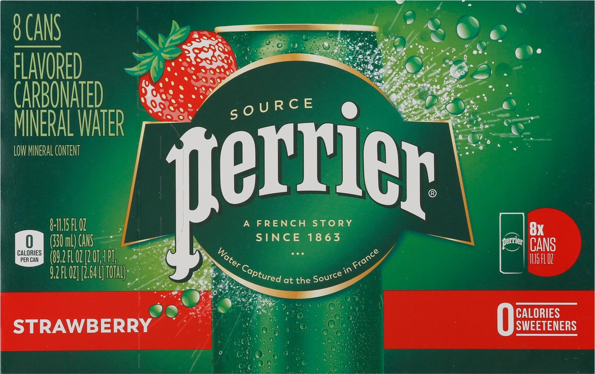 slide 3 of 9, Perrier Strawberry Flavored Sparkling Water, Sleek Cans - 89.2 oz, 8 ct