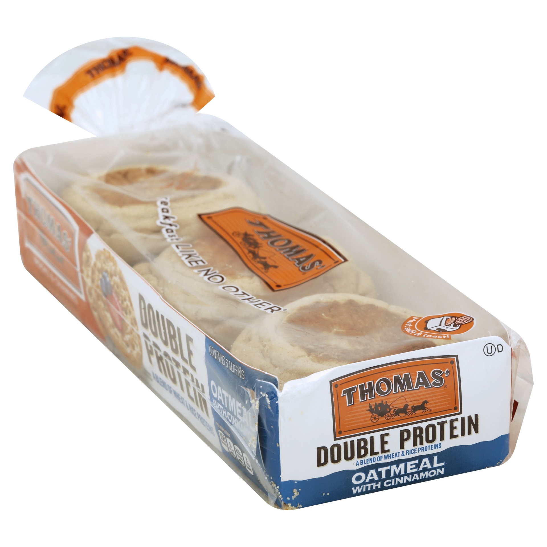 slide 1 of 5, Thomas' Double Protein Oatmeal English Muffins, 13 oz