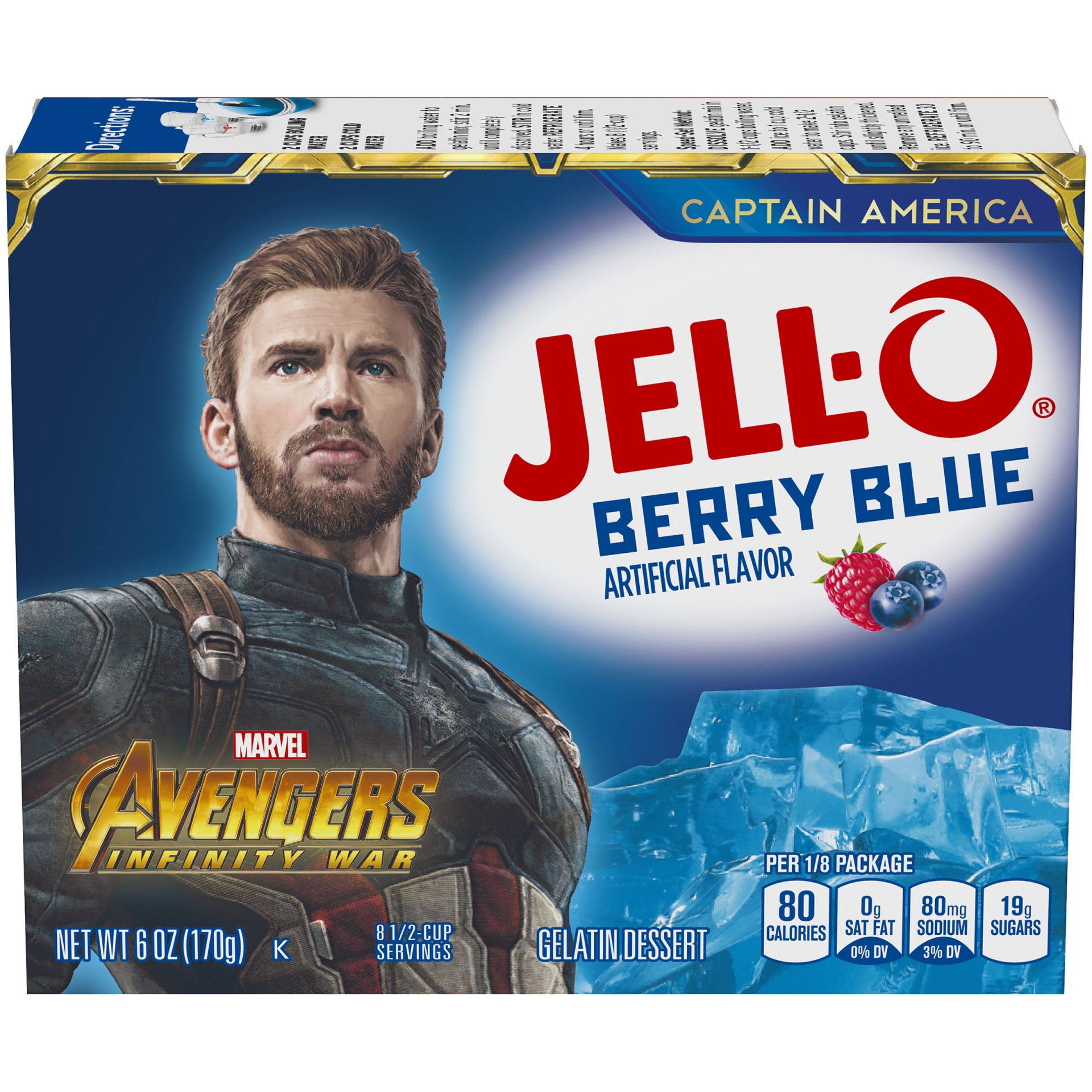 slide 1 of 1, Jell-O Berry Blue Artificially Flavored Gelatin Dessert Mix, Family Size, 6 oz Box, 