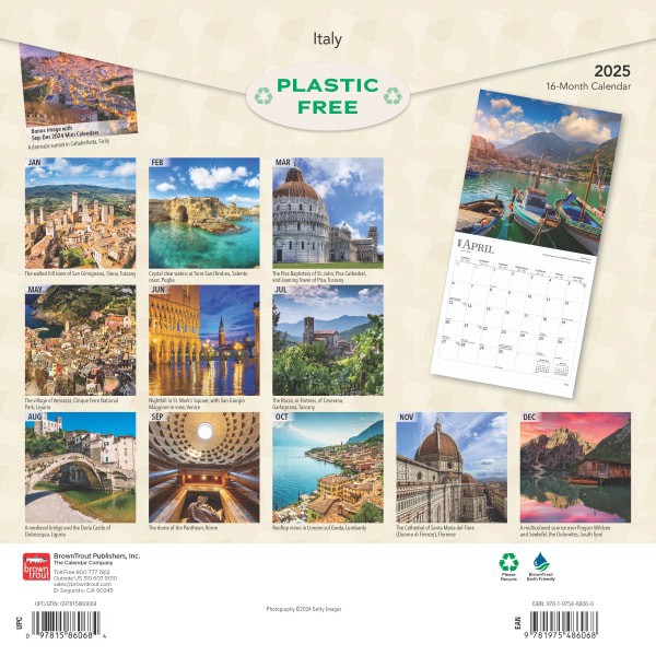 slide 8 of 8, 2025 Browntrout Travel And Scenic Monthly Plastic-Free Square Wall Calendar, 12"" X 12"", Italy, January 2025 To December 2025, 1 ct