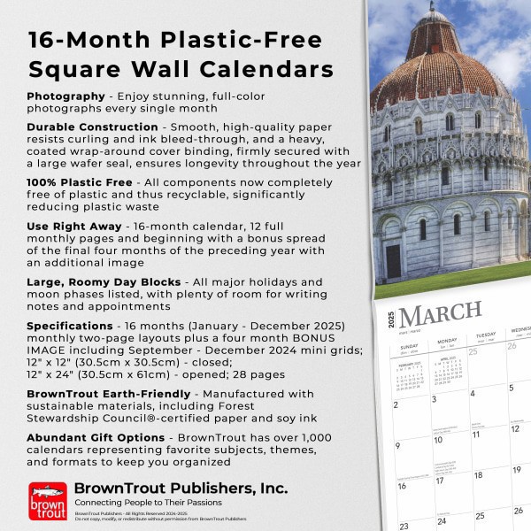 slide 4 of 8, 2025 Browntrout Travel And Scenic Monthly Plastic-Free Square Wall Calendar, 12"" X 12"", Italy, January 2025 To December 2025, 1 ct
