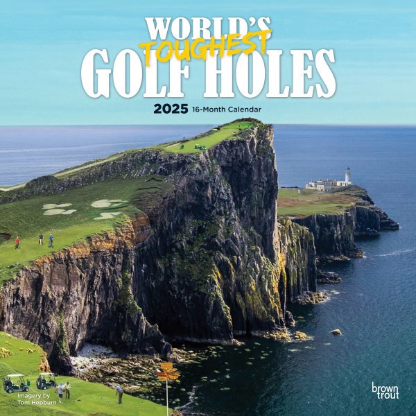 slide 1 of 7, 2025 Browntrout Fun And Humor Monthly Plastic-Free Square Wall Calendar, 12"" X 12"", World’S Toughest Golf Holes, January 2025 To December 2025, 1 ct