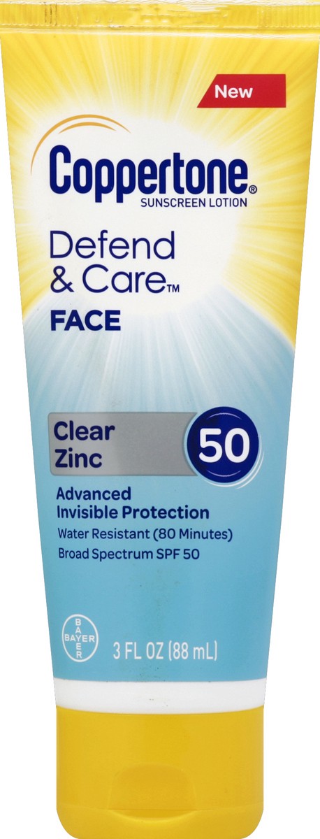 slide 2 of 2, Coppertone Defend & Care Face Clear Zinc Sunscreen Lotion Spf 50, 3 fl oz