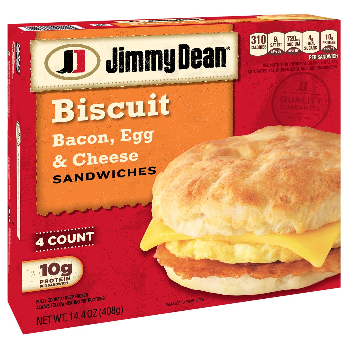 slide 3 of 9, Jimmy Dean Biscuit Breakfast Sandwiches with Bacon, Egg, and Cheese, Frozen, 4 Count, 408.23 g