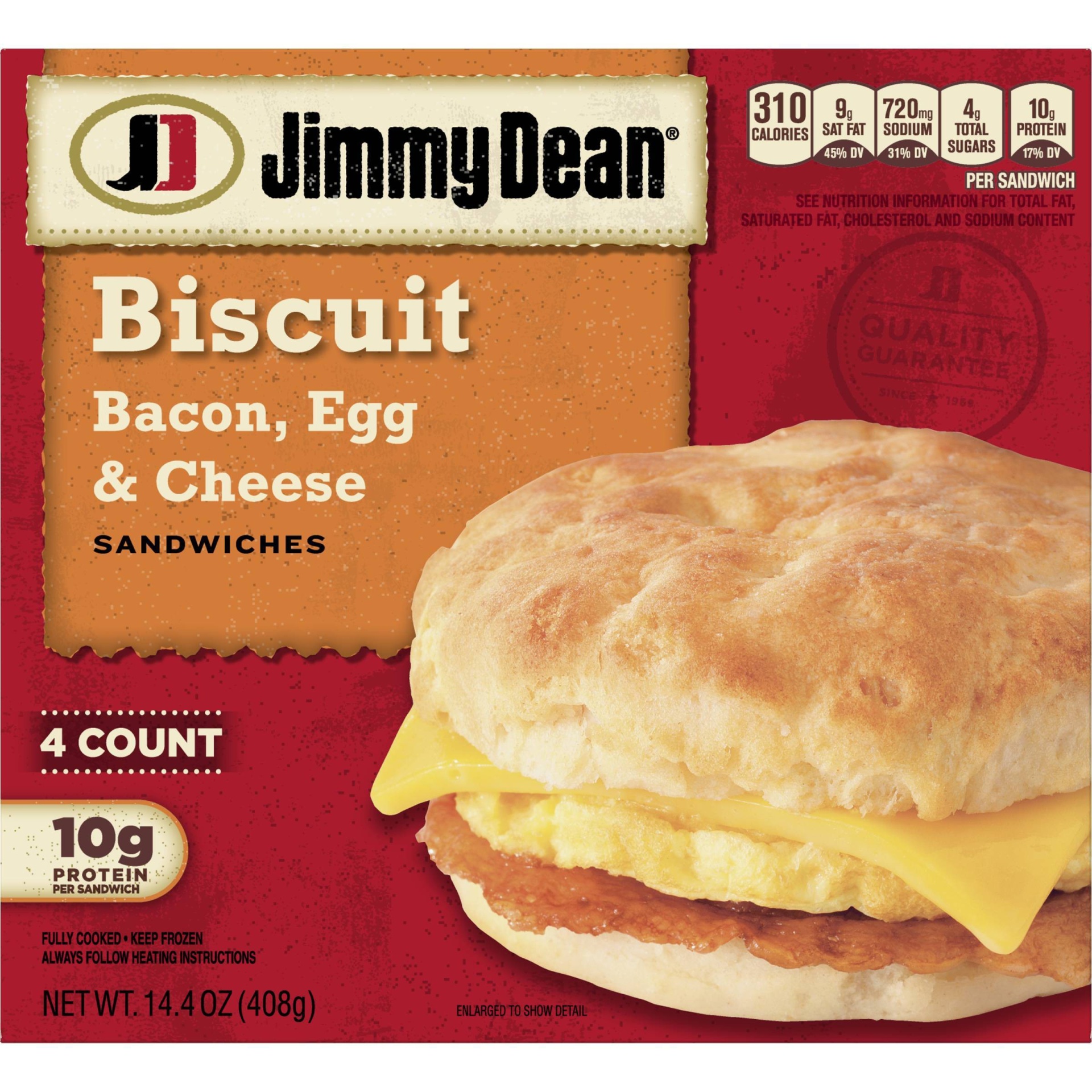 slide 1 of 6, Jimmy Dean Bacon Egg & Cheese Frozen Biscuit Sandwiches - 4ct, 4 ct; 14.4 oz