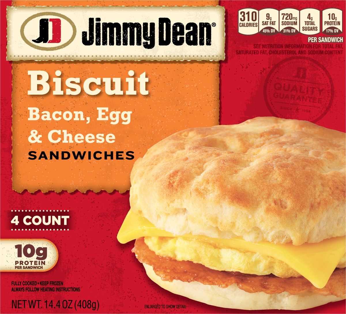 slide 4 of 9, Jimmy Dean Biscuit Breakfast Sandwiches with Bacon, Egg, and Cheese, Frozen, 4 Count, 408.23 g