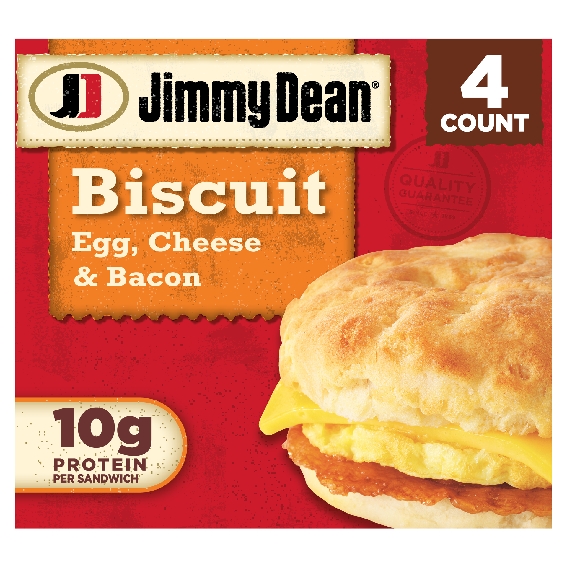 slide 1 of 9, Jimmy Dean Biscuit Breakfast Sandwiches with Bacon, Egg, and Cheese, Frozen, 4 Count, 408.23 g