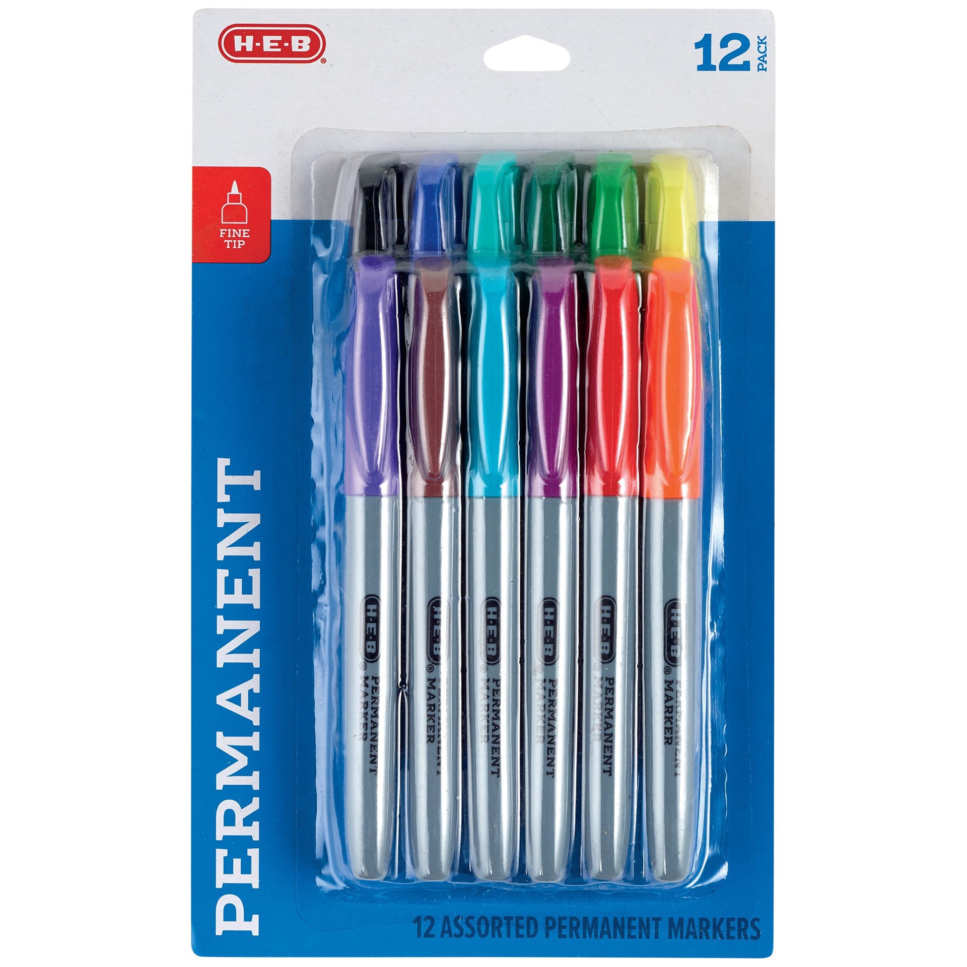 slide 1 of 1, H-E-B Assorted Fine Point Permanent Markers, 12 ct