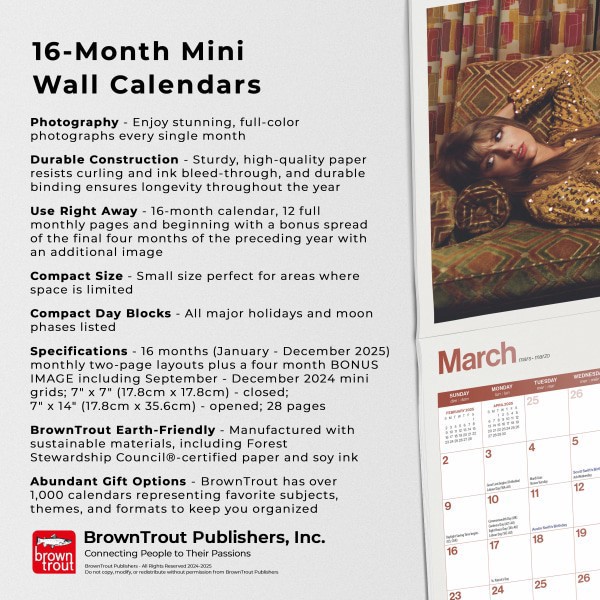 slide 3 of 8, 2025 Browntrout Entertainment Monthly Mini Wall Calendar, 7"" X 7"", Taylor Swift, January 2025 To December 2025, 1 ct