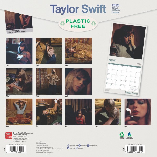 slide 5 of 8, 2025 Browntrout Entertainment Monthly Plastic-Free Square Wall Calendar, 12"" X 12"", Taylor Swift, January 2025 To December 2025, 1 ct