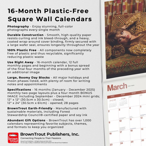 slide 8 of 8, 2025 Browntrout Entertainment Monthly Plastic-Free Square Wall Calendar, 12"" X 12"", Taylor Swift, January 2025 To December 2025, 1 ct