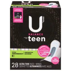 U by Kotex Balance Sized for Teens Ultra-Thin Pads with Wings - Extra Absorbency - Unscented - 28ct