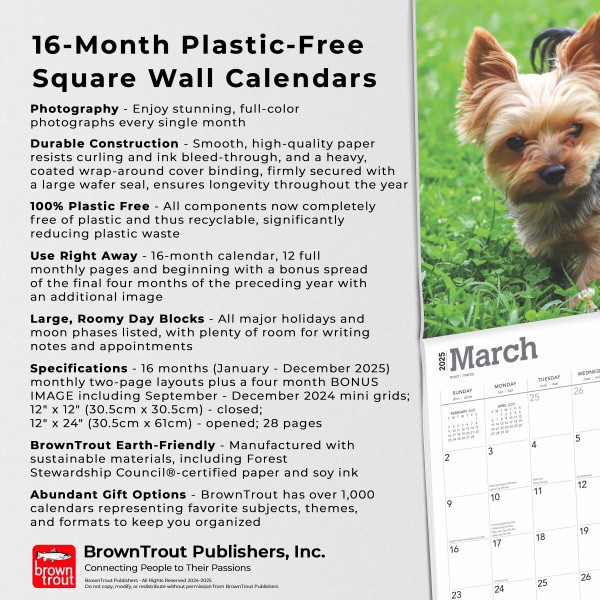 slide 3 of 8, 2025 Browntrout Animals Monthly Plastic-Free Square Wall Calendar, 12"" X 12"", Yorkshire Terriers, January 2025 To December 2025, 1 ct