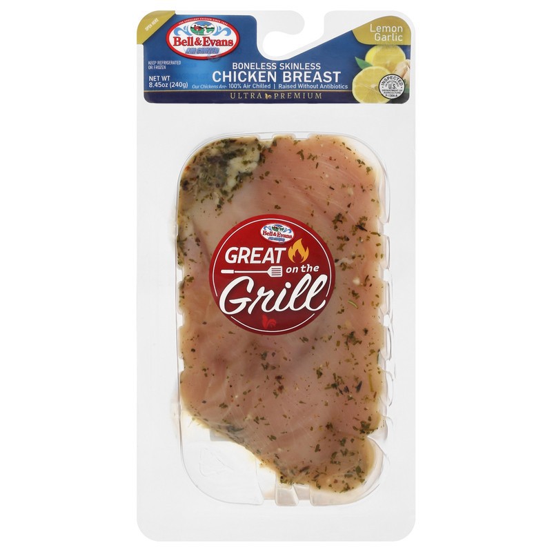 slide 1 of 1, Bell & Evans Boneless Skinless Ultra Premium Lemon Garlic Chicken Breast, 8.45 oz