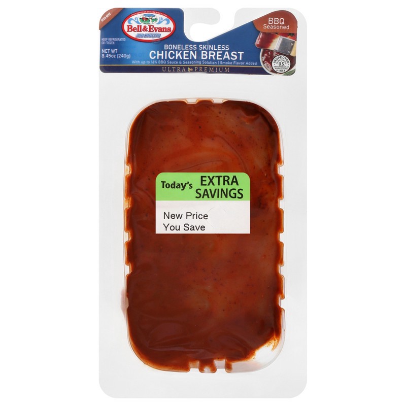 slide 1 of 1, Bell & Evans Boneless Skinless BBQ Seasoned Chicken Breast, 8.45 oz