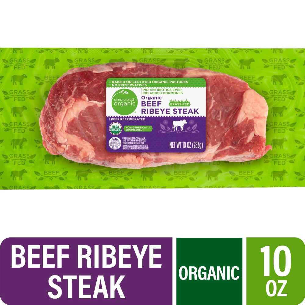 slide 1 of 3, Simple Truth Organic Grass Fed Beef Ribeye Steak, 10 oz