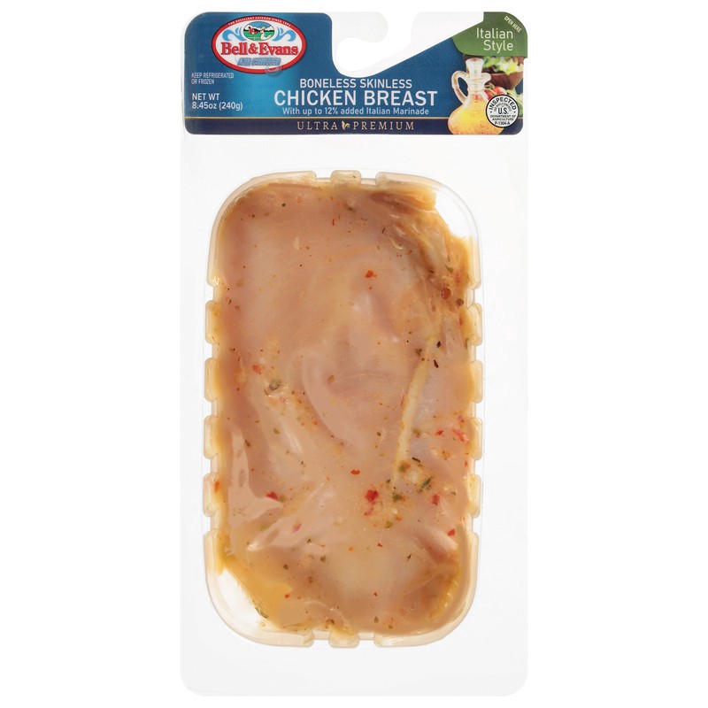 slide 1 of 1, Bell & Evans Boneless Skinless Ultra Premium Italian Style Chicken Breast, 8.45 oz