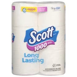 Scott 1000 Toilet Paper, 6 Rolls, Septic-Safe, 1-Ply Toilet Tissue