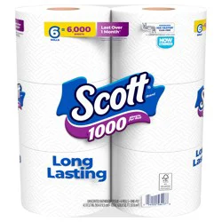 Scott 1000 Toilet Paper, 6 Rolls, Septic-Safe, 1-Ply Toilet Tissue