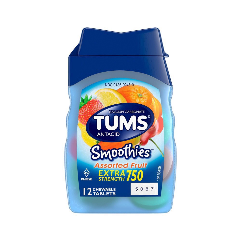 slide 16 of 94, TUMS Smoothies Chewable Extra Strength Antacid Tablets for Heartburn Relief, Assorted Fruit - 12 Count, 12 ct