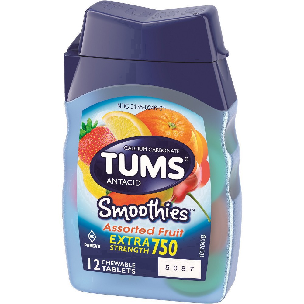 slide 83 of 94, TUMS Smoothies Chewable Extra Strength Antacid Tablets for Heartburn Relief, Assorted Fruit - 12 Count, 12 ct