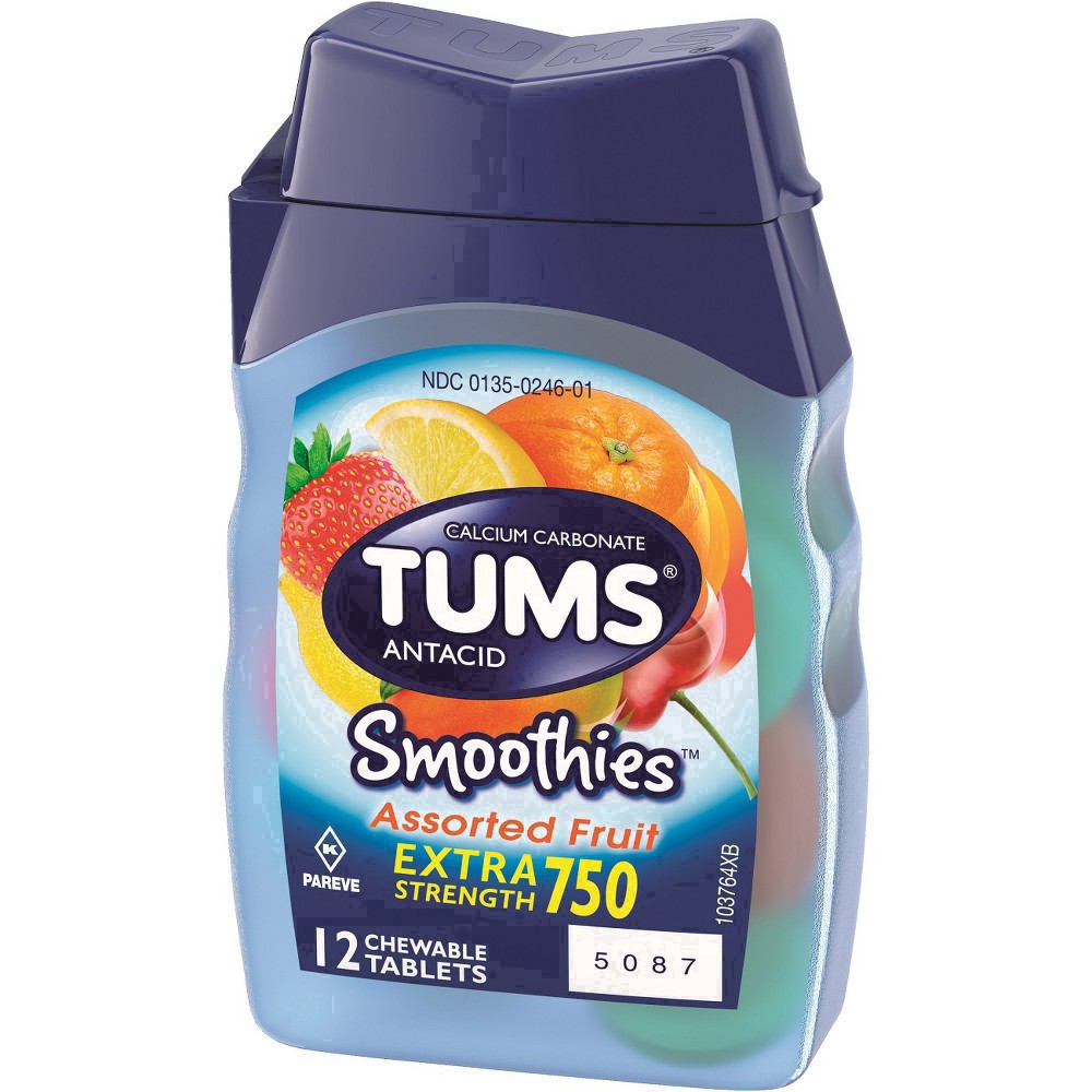 slide 53 of 94, TUMS Smoothies Chewable Extra Strength Antacid Tablets for Heartburn Relief, Assorted Fruit - 12 Count, 12 ct