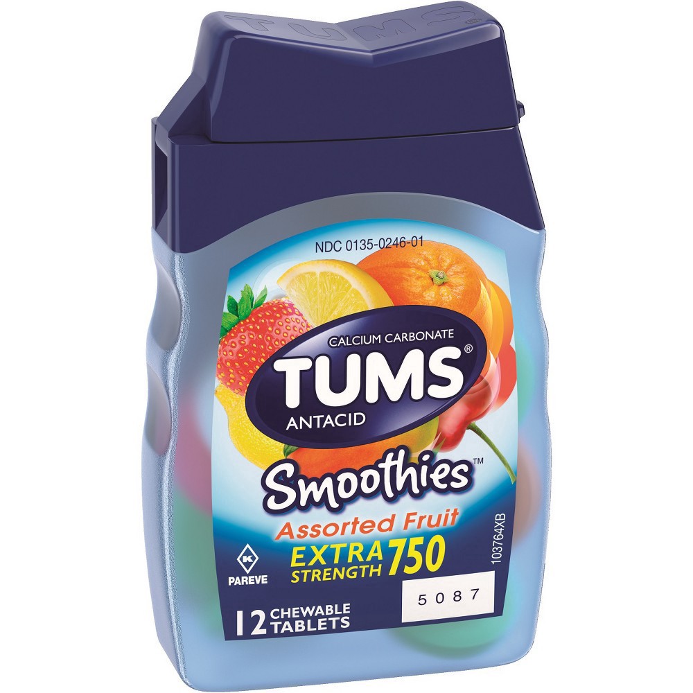 slide 80 of 94, TUMS Smoothies Chewable Extra Strength Antacid Tablets for Heartburn Relief, Assorted Fruit - 12 Count, 12 ct