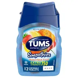 TUMS Smoothies Chewable Extra Strength Antacid Tablets for Heartburn Relief, Assorted Fruit - 12 Count