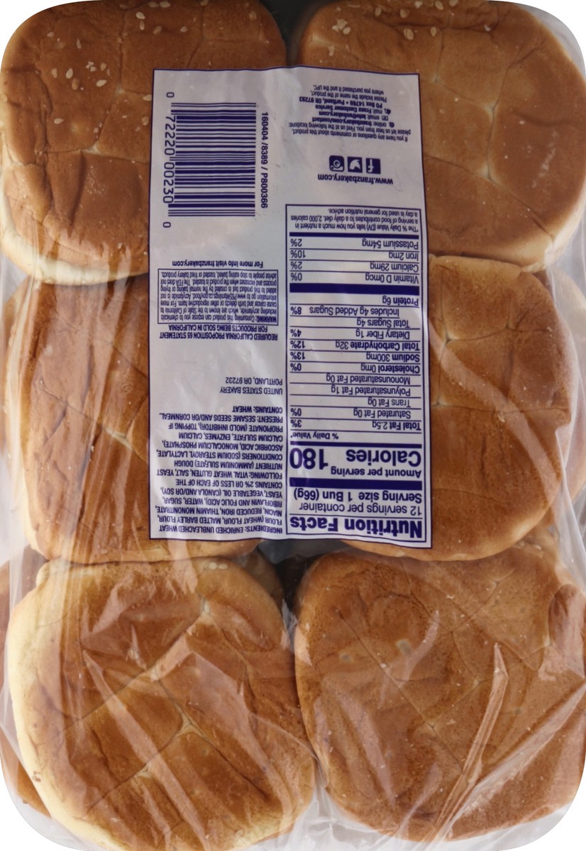 slide 4 of 6, Franz Hamburger Buns 12 ea, 12 ct; 2.33 oz