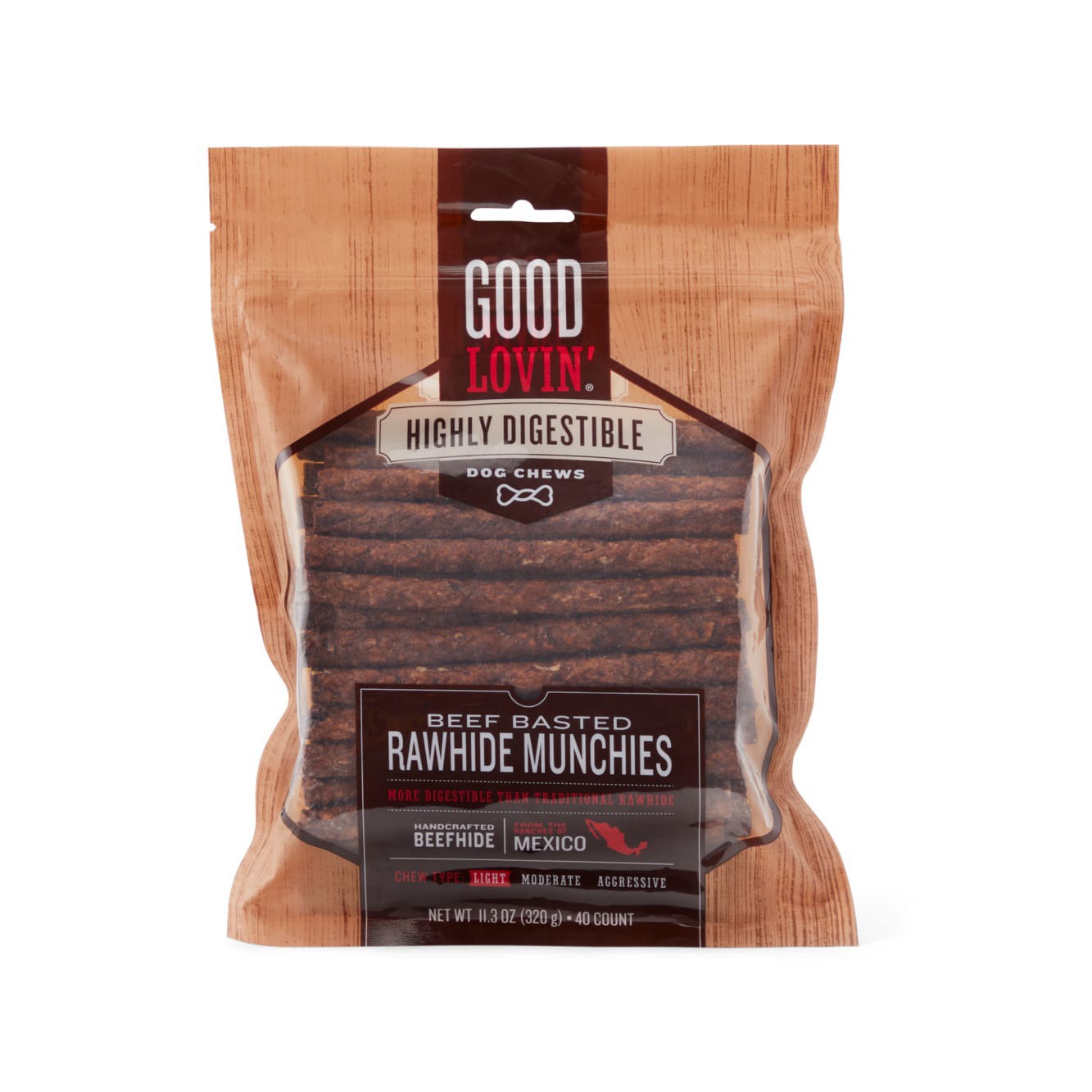 slide 1 of 1, Good Lovin' Highly Digestible Beef Basted Rawhide Munchies Dog Treats, 11.3 oz., Count of 40, 1 ct