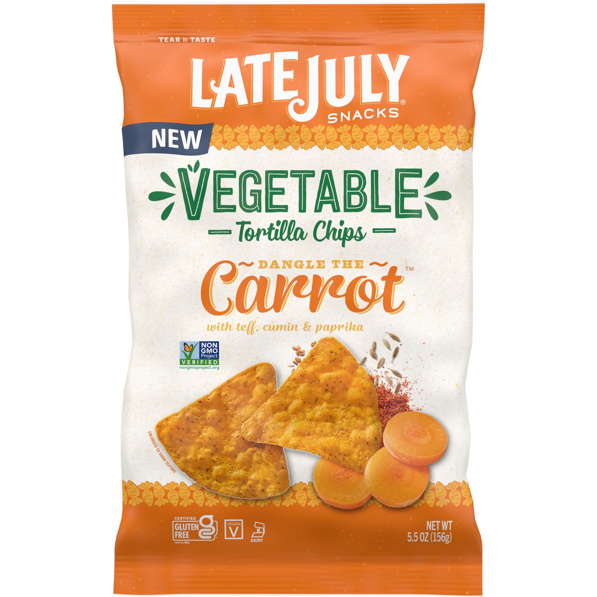 slide 1 of 5, Late July Snacks Carrot Vegetable Tortilla Chips, 5.5 oz