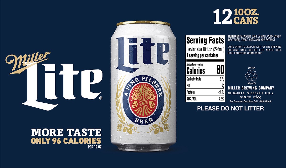 slide 7 of 9, Miller Lite American Light Lager Beer, 4.2% ABV, 12-pack, 10-oz beer cans, 240 oz