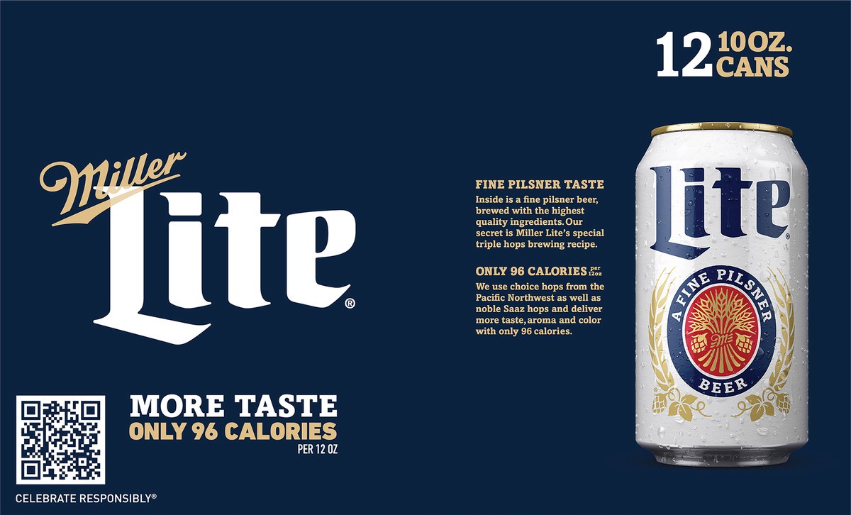 slide 5 of 9, Miller Lite American Light Lager Beer, 4.2% ABV, 12-pack, 10-oz beer cans, 240 oz