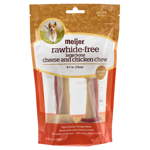 slide 1 of 1, Meijer Rawhide-Free 6"-7" Dog Bone Chews, Cheese and Chicken, Large, 2 ct