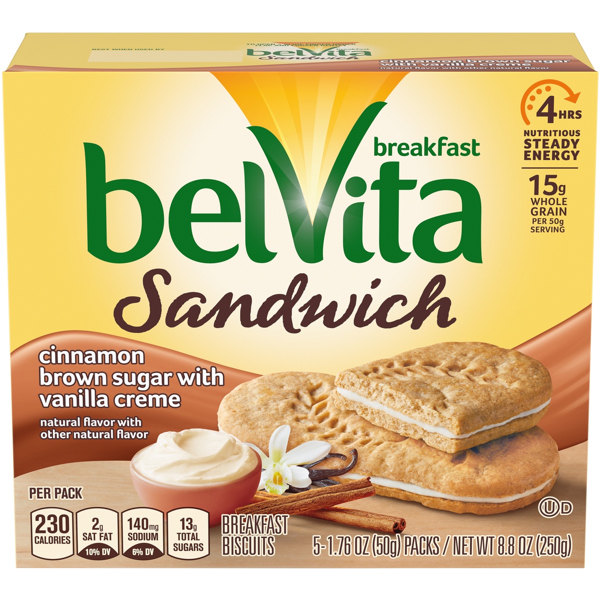 slide 1 of 1, belVita Sandwich Cinnamon Brown Sugar with Vanilla Creme Breakfast Biscuits, 5 ct; 1.76 oz