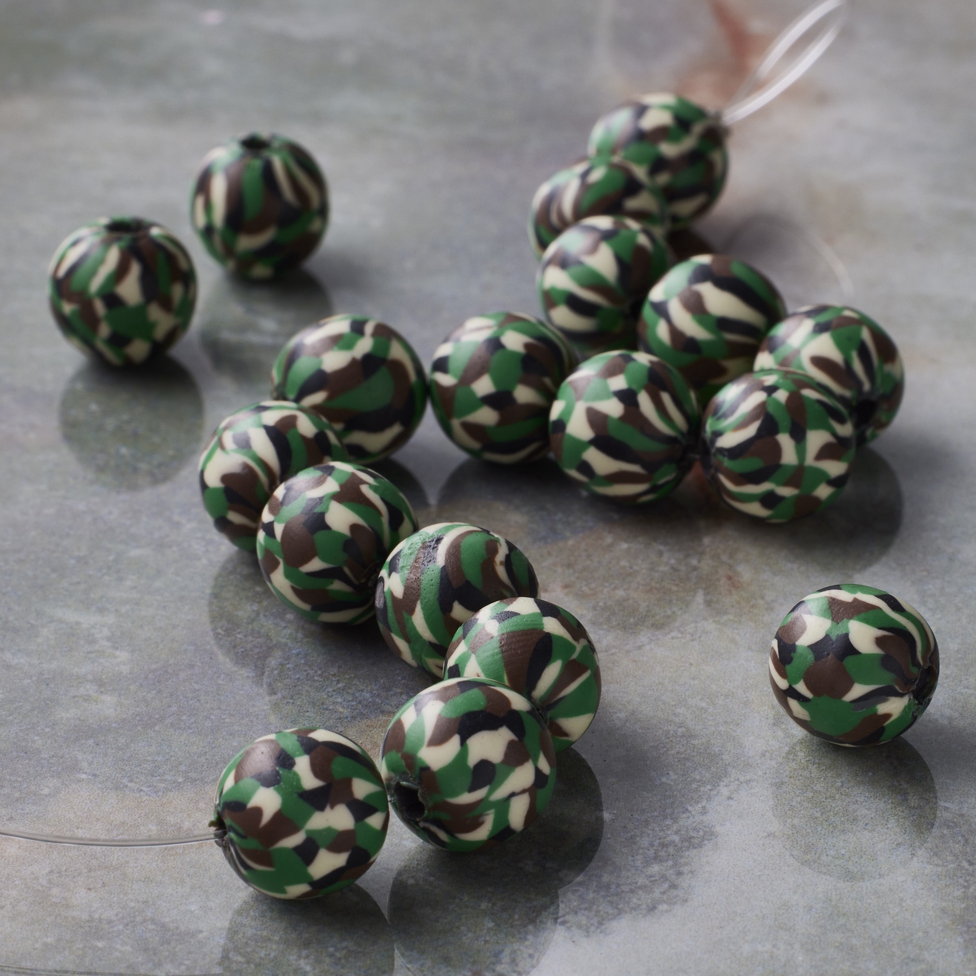 slide 3 of 3, Green Camouflage Clay Round Beads, 9.5mm By Bead Landing, 9.5mm