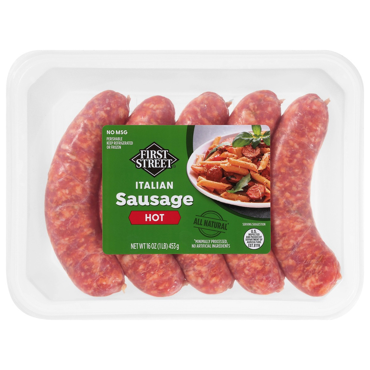 slide 4 of 4, First Street Hot Italian Sausage, 16 oz