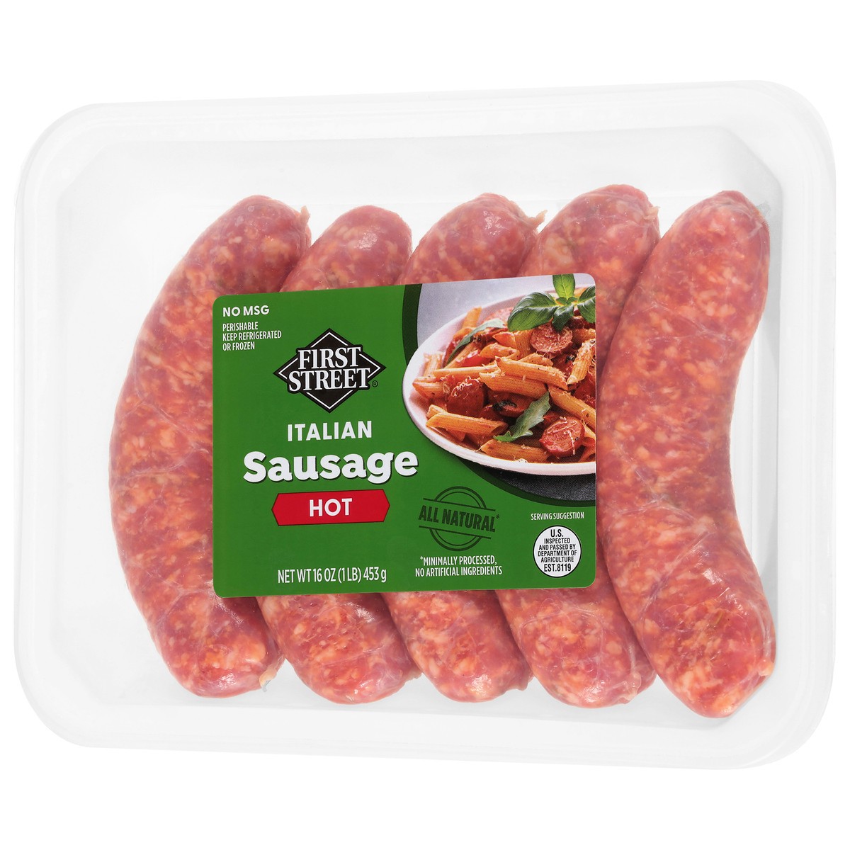 slide 3 of 4, First Street Hot Italian Sausage, 16 oz