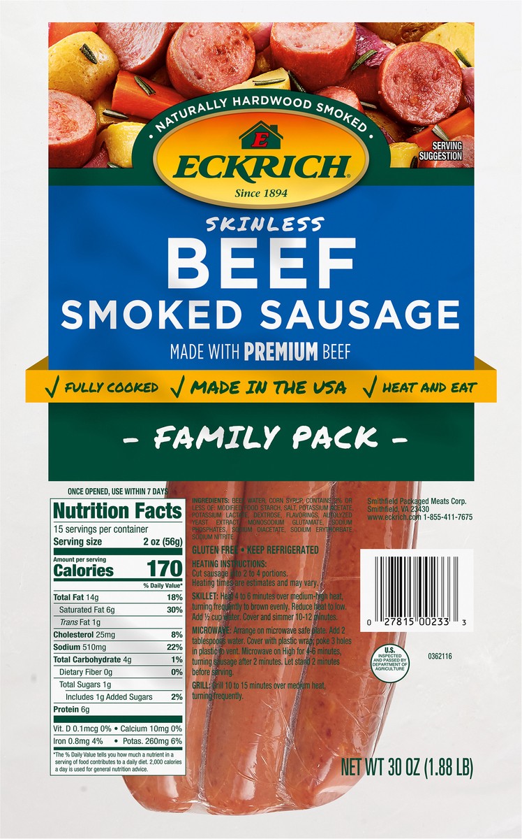 slide 4 of 5, Eckrich Beef Skinless Smoked Sausage, 30 oz, 30 oz