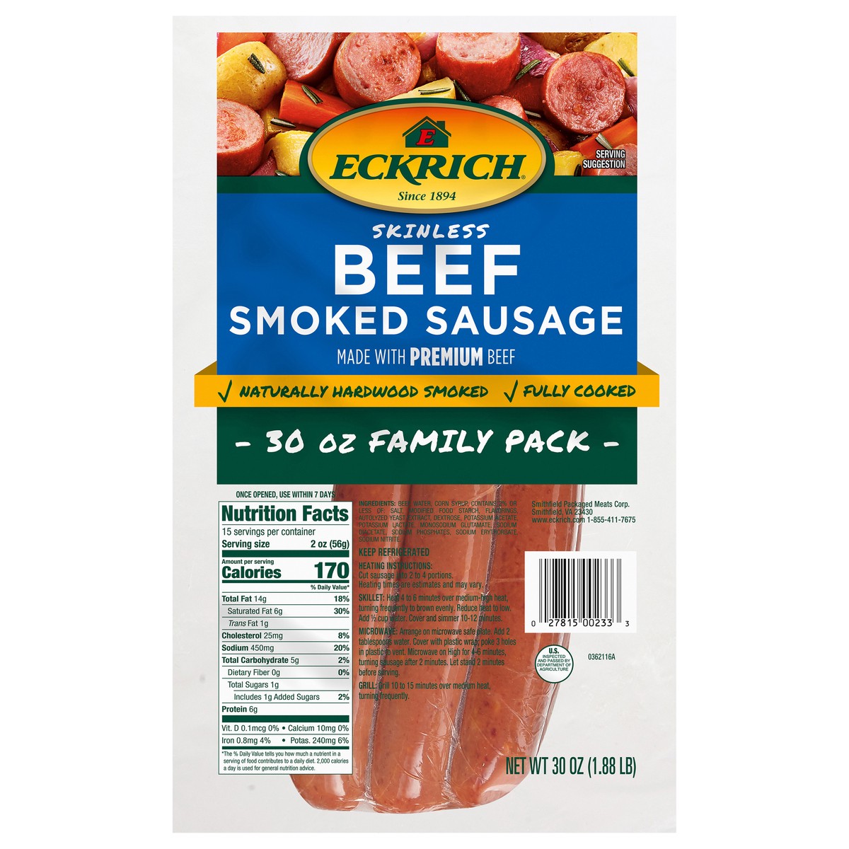 slide 1 of 5, Eckrich Beef Skinless Smoked Sausage\, 30 oz, 30 oz